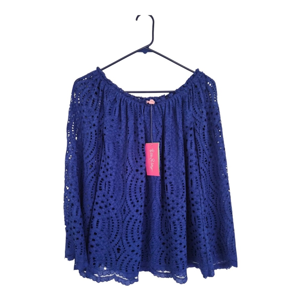 Lilly Pulitzer Marella Top S True Blue Knotty Lace Off Shoulder NWT Boho Resort